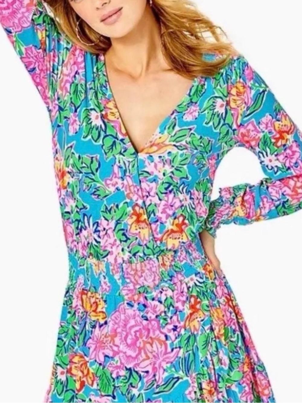 Lilly Pulitzer Peggy Romper Vibrant Floral V-Neck - Turquoise & Pink,Size Large